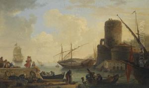 A Mediterranean Sea Port With
Sailors Letting Down The Anchor And Unloading The Cargo Of A Ship by Claude-joseph Vernet