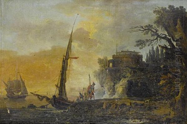 A Mediterranean Coastal Landscape With Soldiers Landing On Rocks, A Fort In The Distance - view 1