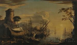 View Of A Seaport With Galleons In The Harbor by Claude-joseph Vernet
