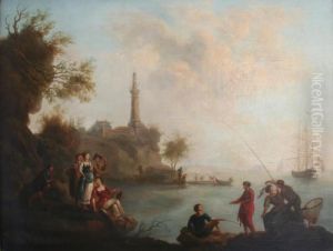 Scene On The Coast With Fishermen By A Lighthouse