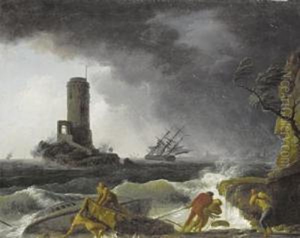 A Shipwreck In Stormy Seas With A Lighthousebeyond - view 1