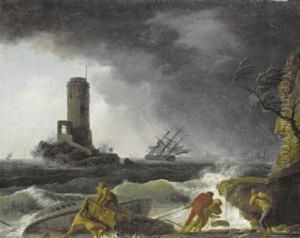 A Shipwreck In Stormy Seas With A Lighthousebeyond