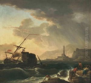 A Shipwreck With Figures Coming Ashore by Claude-joseph Vernet