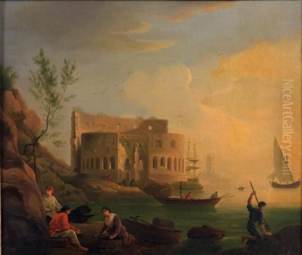 Pecheurs Dans Un Paysage Au Pied D'unearchitecture Antique - view 1