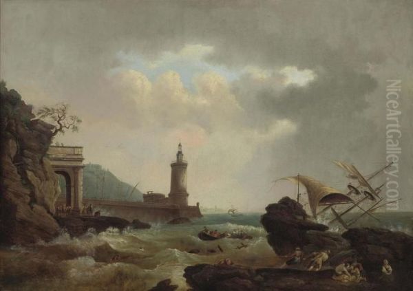 A Capriccio Of An Italian
Lighthouse, With A Vessel Wrecked On The Rocks And Rescuers On The
Foreshore - view 1