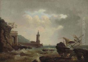 A Capriccio Of An Italian 
Lighthouse, With A Vessel Wrecked On The Rocks And Rescuers On The 
Foreshore