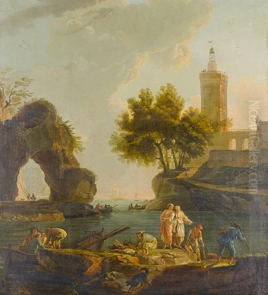 Fishermen Unloading Their Catch In A Mediterranean Harbour, A Grotto Beyond - view 1