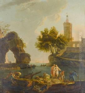 Fishermen Unloading Their Catch In A Mediterranean Harbour, A Grotto Beyond