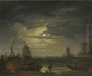 A Mediterranean Inlet By Moonlight by Claude-joseph Vernet