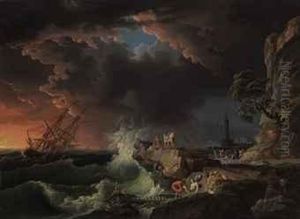 A Shipwreck With Figures Coming Ashore by Claude-joseph Vernet