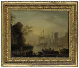 A Mediterranean Coastal Inlet With Fishermen And Shipping, A Fortified Town Beyond by Claude-joseph Vernet