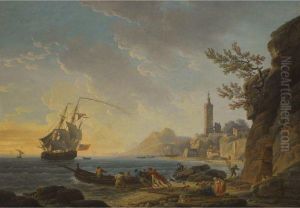 A Coastal Scene With A
Lighthouse On The Cliffs And Fishermenwith Their Nets In The Foreground by Claude-joseph Vernet