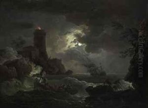 Shipwrecked Figures And Fishermen Bringing In Their Nets In Astorm, A Lighthouse Beyond
