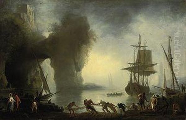A Mediterranean Coastal Inlet With Fishermen Bringing In Theirnets, Shipping Beyond - view 1