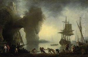 A Mediterranean Coastal Inlet With Fishermen Bringing In Theirnets, Shipping Beyond by Claude-joseph Vernet