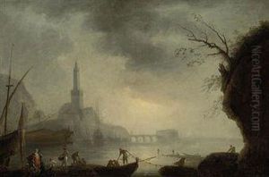 A Mediterranean Coastal Inlet 
With Fishermen Bringing In Theirnets, A Fortified Town Beyond by Claude-joseph Vernet