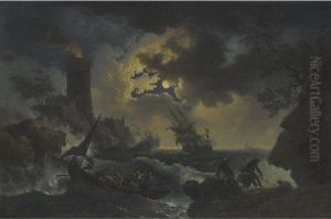 A Coastal Scene With A Ship, A 
Sailing Boat, A Lighthouse And Fisherman Landing Their Catch