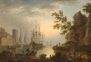 Fishermen And Other Figures 
Resting On A Rock,shipping And A Fortification In The Distance;