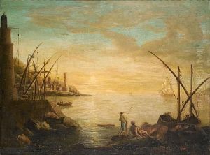 A Mediterranean Harbour At Sunset Withfishermen Resting On Rocks In The Foreground