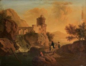 Cavalier, Lavandiere Et Pecheur Dans Un Paysage De Cascade Surmonte D'un Aqueduc