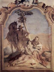 Frescoes in the Villa Vallmarana, Vicenca, scene, Angelica, in the company of a shepherd, maintains by Giovanni Battista Tiepolo