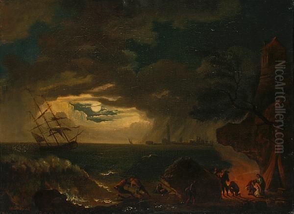 A Rocky Coastal Scene With Survivors Of Ashipwreck Taking Refuge Onshore - view 1