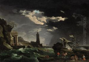 Shipwrecked Figures Off A Lighthouse In A Storm by Claude-joseph Vernet
