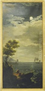Fisherman In The Bay Moonlight by Claude-joseph Vernet
