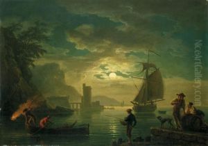 L'entree Du Port Au Clair De Lune by Claude-joseph Vernet