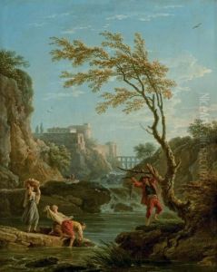Un Pecheur Et Des Lavandieres Dans Un Paysage