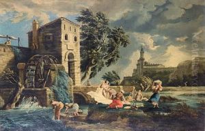 Washerwomen By A Watermill In An Open Landscape, With A Castle On The Horizon by Claude-joseph Vernet