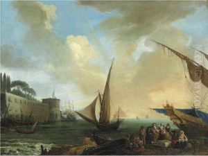 Veduta Costiera Con Imbarcazioni E Figure Sul Molo by Claude-joseph Vernet