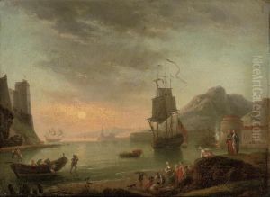 A Mediterranean Port With Fishermen And A Three-master Anchored Off-shore by Claude-joseph Vernet