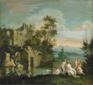 Bathers In A Pool With Ruins