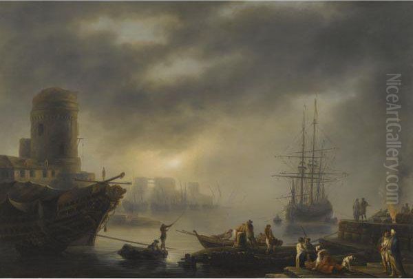 A Mediterranean Port With Sailors Unloading Cargo In The Foreground - view 1