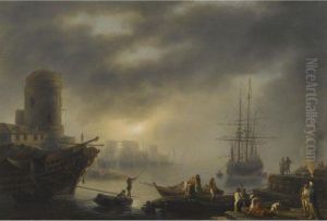 A Mediterranean Port With Sailors Unloading Cargo In The Foreground by Claude-joseph Vernet