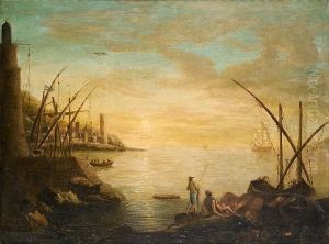 A Mediterranean Harbour At Sunset With Fishermen Resting On Rocks In The Foreground by Claude-joseph Vernet