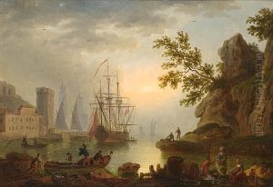 Fishermen And Other Figures Resting On A Rock by Claude-joseph Vernet