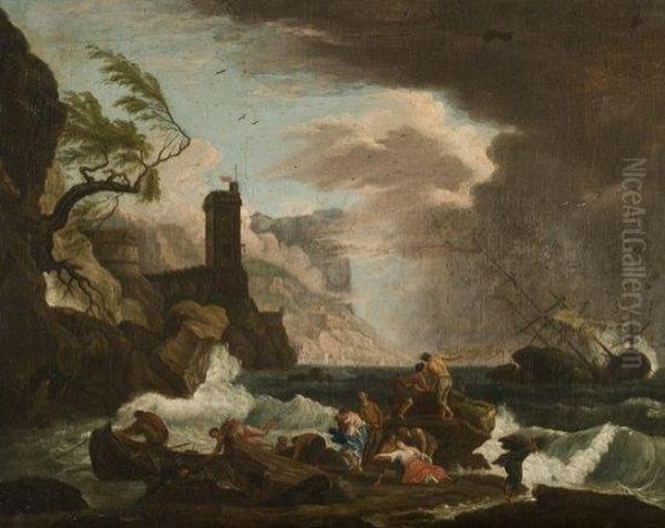 Pecheurs Aidant Des Naufrages Sur Une Cote Rocheuse - view 1