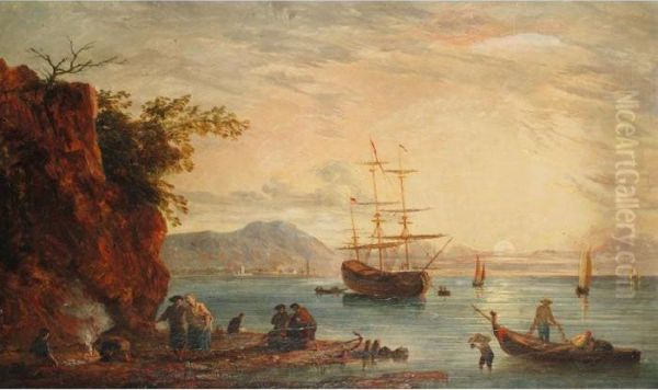 Figures On A Beach With Shipping In A Bay At Sunset - view 1