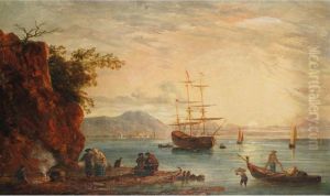 Figures On A Beach With Shipping In A Bay At Sunset