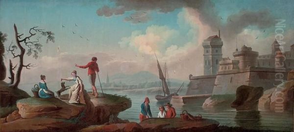 An Italianate River Landscape With Fishermen And Figures In The Foreground - view 1
