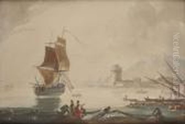 Pecheurs Ramenant Leurs Filets Sur La Rive, Un Navire Au Large - view 1