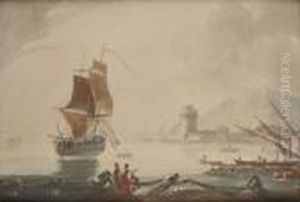 Pecheurs Ramenant Leurs Filets Sur La Rive, Un Navire Au Large by Claude-joseph Vernet