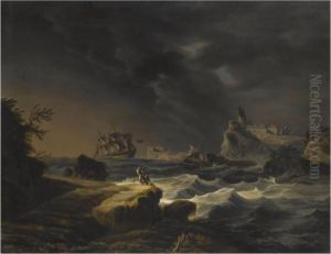 A Mediterranean Constal Scene With Ships On Stormy Seas by Claude-joseph Vernet