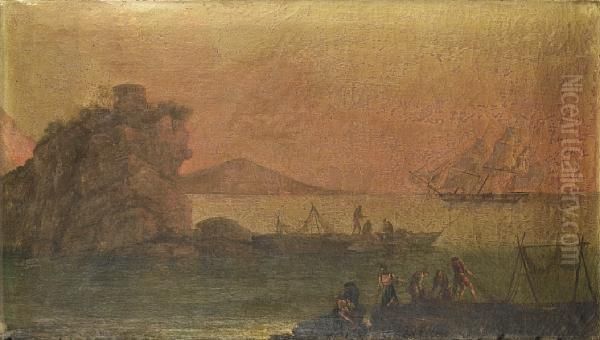 A Rocky Coastline With Fishermen Hauling In Their Nets, Shipping In The Distance - view 1