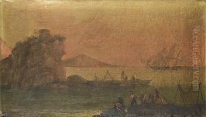 A Rocky Coastline With Fishermen Hauling In Their Nets, Shipping In The Distance by Claude-joseph Vernet