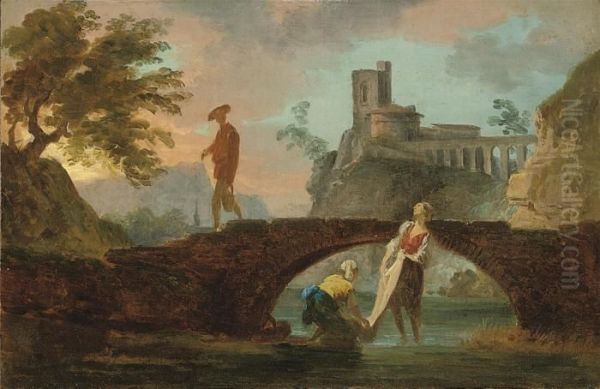 An Italianate River Landscape With Washerwomen And A Figure On A Bridge - view 1