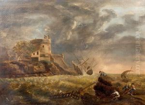 A Shipwreck On A Rocky Coast With Figures Seeking Refuge On The Shore by Claude-joseph Vernet