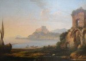 A Mediterranean Coastal Scene With Ruined Castle And Fishingboats
